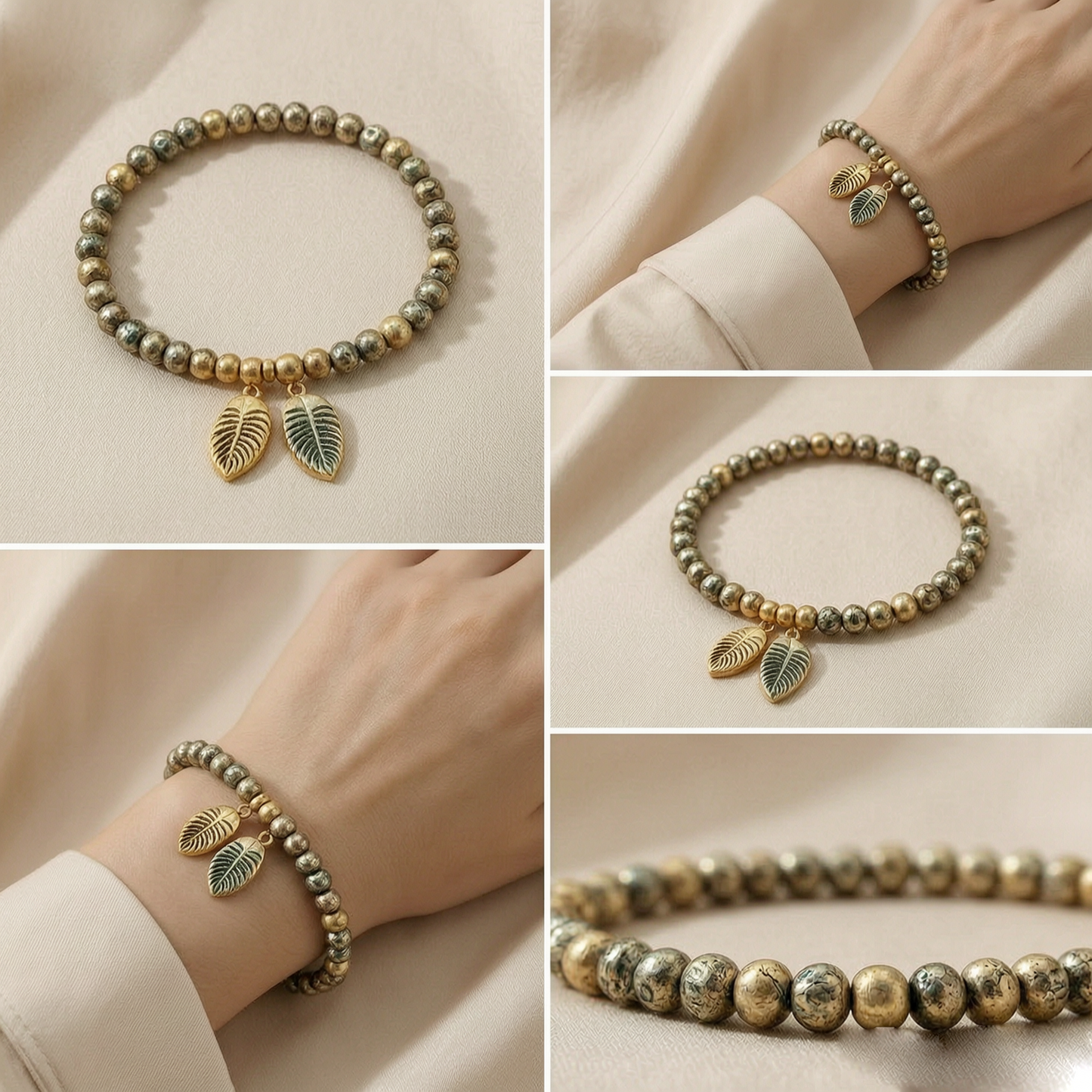 Vintage Leaf Charm Beaded Bracelet