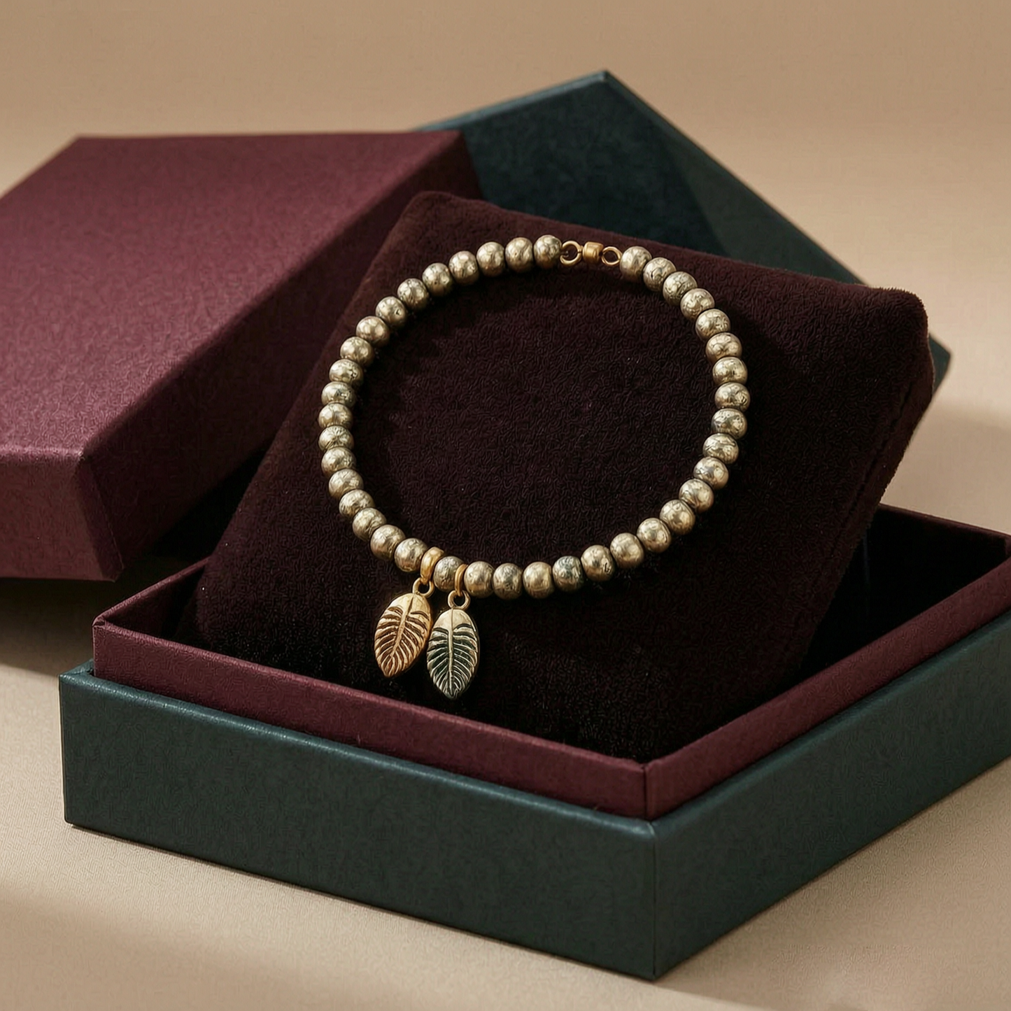 Vintage Leaf Charm Beaded Bracelet